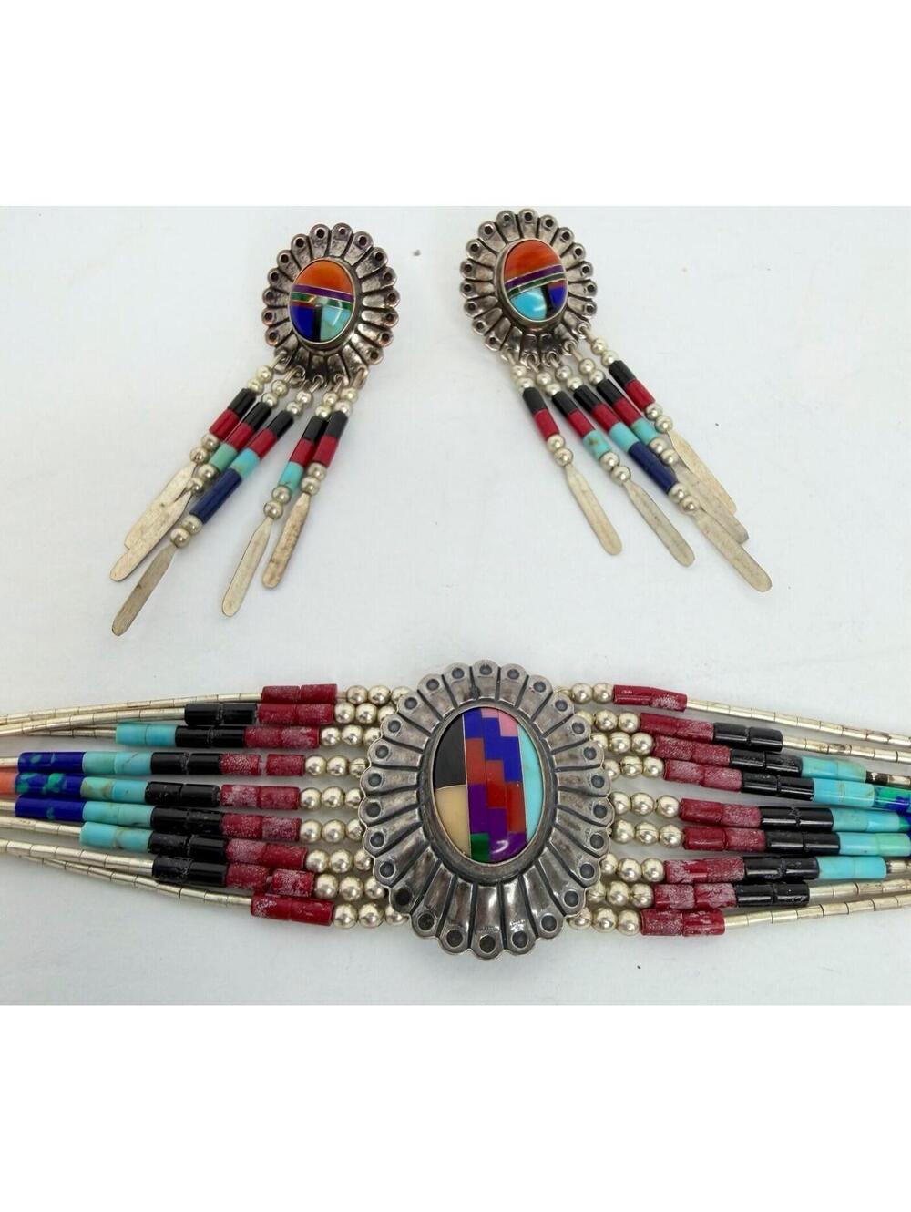 VTG QT Quoc Sterling Silver Multi Stone Inlay 9 Strand Liquid Bracelet Earring